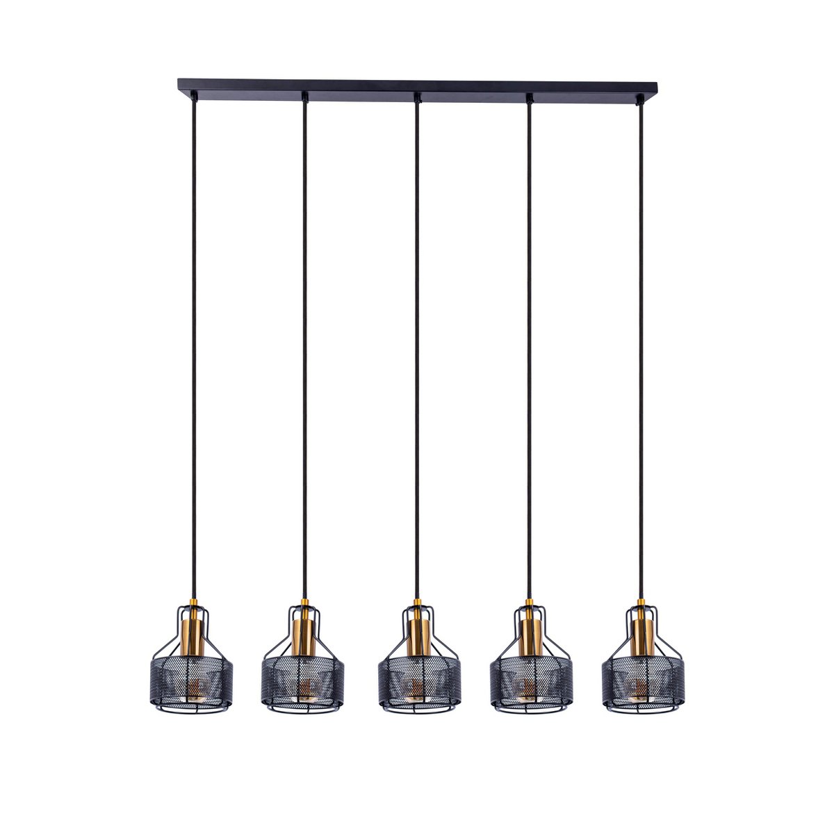 Lampada a sospensione Foro a 5 luci – Lampada da soffitto retrò nera con dettagli dorati | Attacco E27 | 96 cm | Per sala da pranzo, cucina o soggiorno
