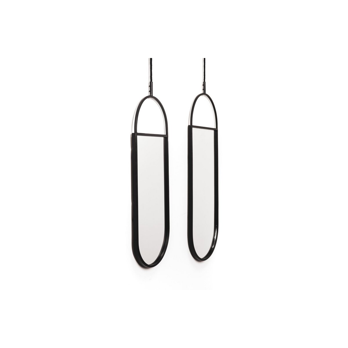 Set van 2 ronde wandspiegels zwart metaal – industriële spiegels met touw – 22x60 & 19x50 cm – modern design voor hal of woonkamer