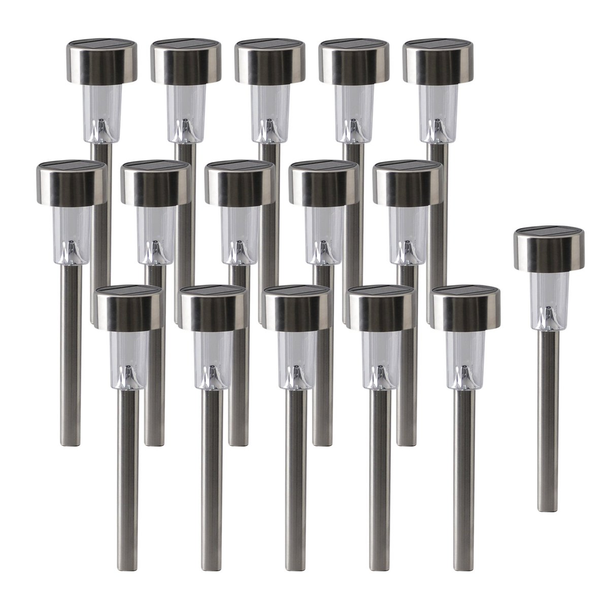 Set van 16 Solar Tuinlampen op Spies – LED Buitenverlichting in Staal – Automatische Schemersensor – USB-oplaadbaar – IP44 – Näve – 36 cm