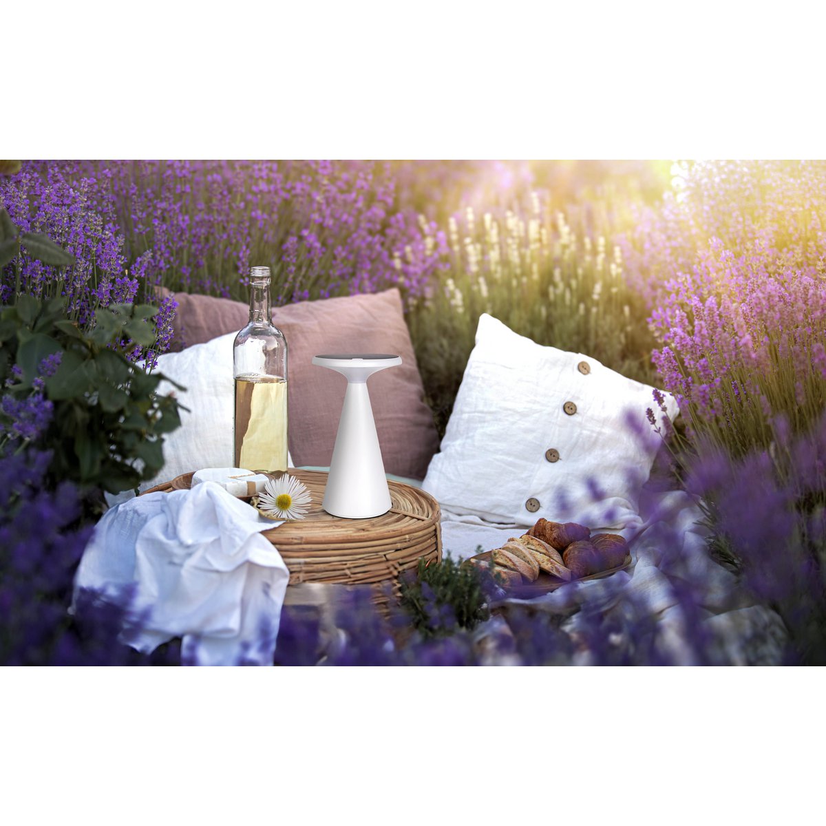 Lampada da tavolo con batteria solare "Palu" bianca 20 cm, lampada da tavolo LED dimmerabile per interno ed esterno, impermeabile IP44, illuminazione d'atmosfera con funzione memoria