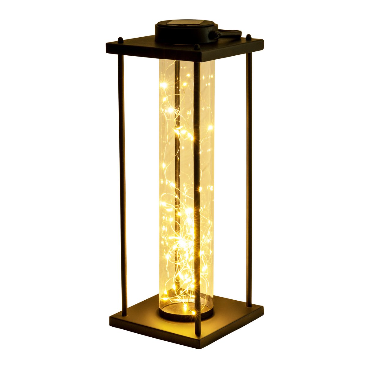 Solar LED buitenlamp Fairylight – zwarte metalen lantaarn op zonne-energie met schemersensor & USB, voor tuin of balkon, 51,5 cm