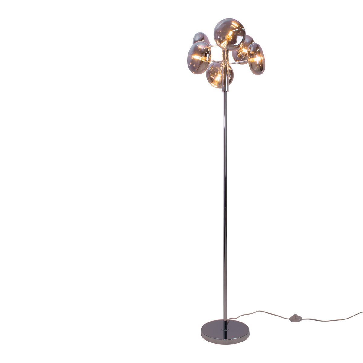 Lampada da terra ORION vetro cromato-fumé, design moderno con 6 attacchi G9, alta 165 cm, incl. interruttore a pedale