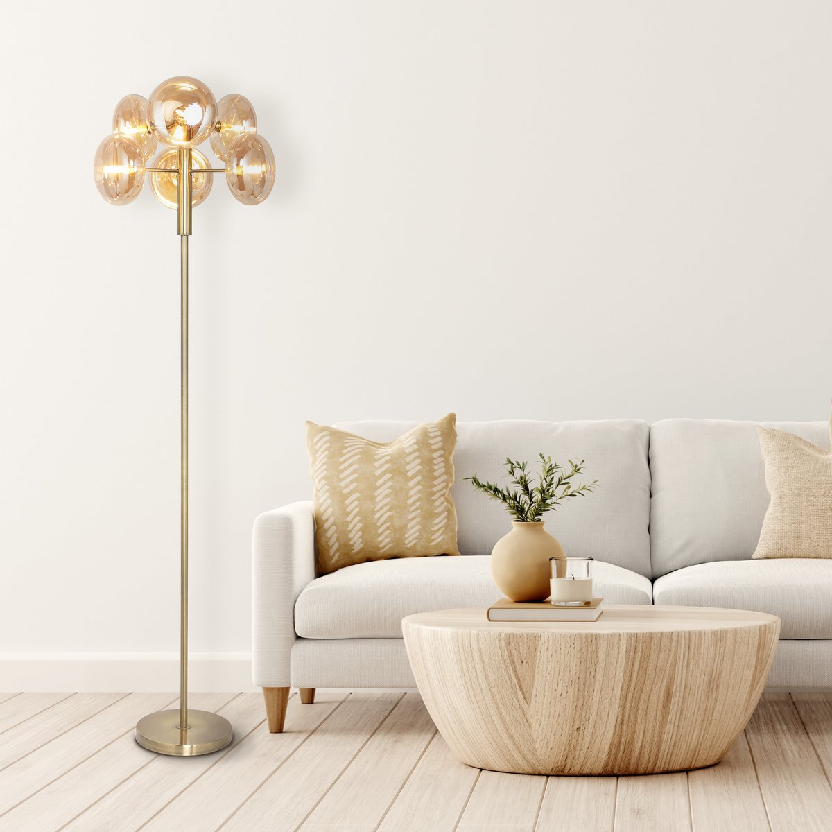 Lampada da pavimento design Orion arancione – ottone & vetro, max 6x G9, 165 cm di altezza, con interruttore a pedale
