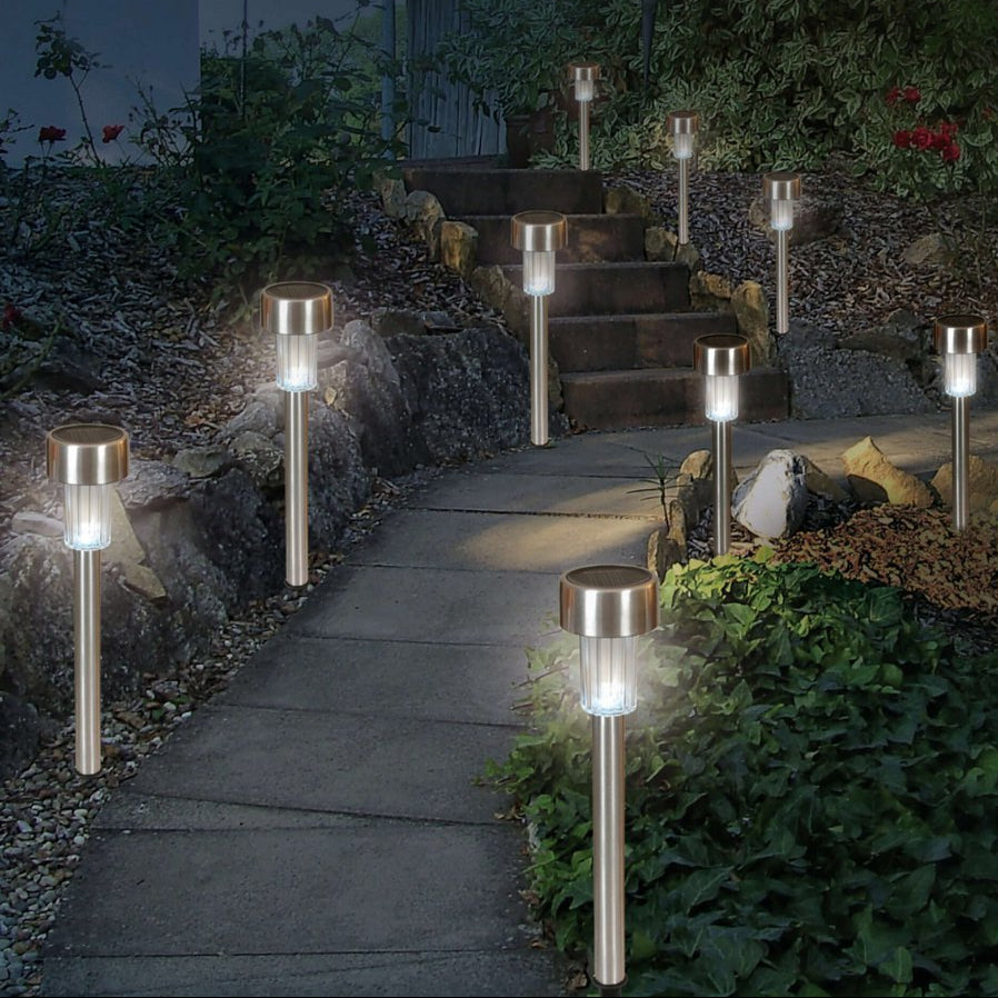 Set van 16 Solar Tuinlampen op Spies – LED Buitenverlichting in Staal – Automatische Schemersensor – USB-oplaadbaar – IP44 – Näve – 36 cm