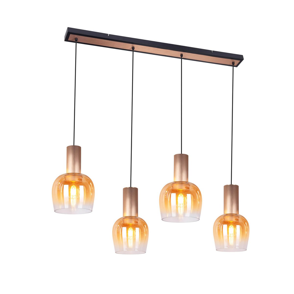Lampada a sospensione a 4 bracci "funda", lampada a sospensione retrò realizzata in vetro color ambra e metallo spazzolato opaco color ottone, con portalampade E27 verticali, lunga 111 cm, alta 150 cm, ideale per sala da pranzo, soggiorno e cucina.