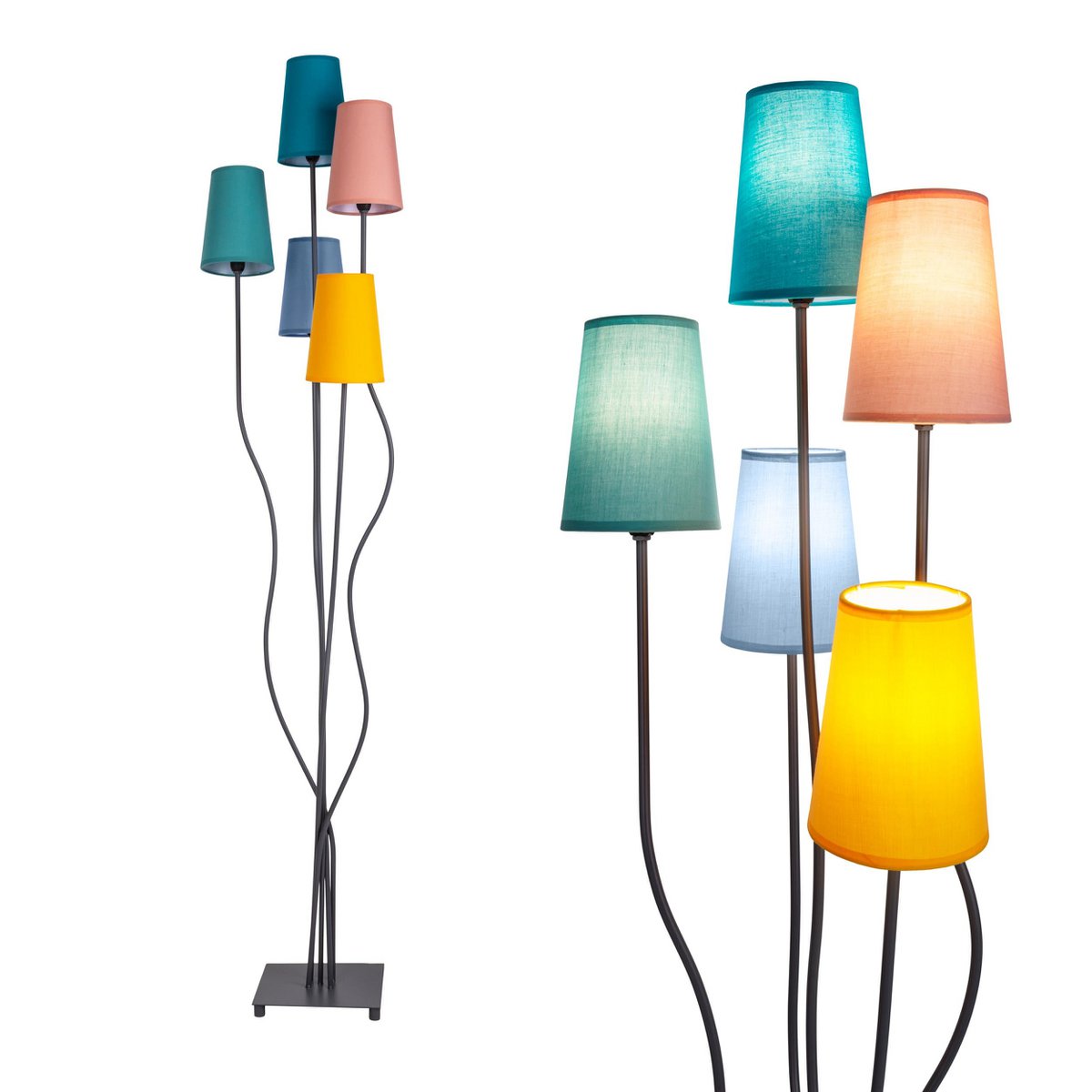 Lampada da terra "Colora" | Design boho con metallo e tessuto | 166 cm di altezza | lampada da terra colorata con attacchi E27 | illuminazione per soggiorno, camera da letto
