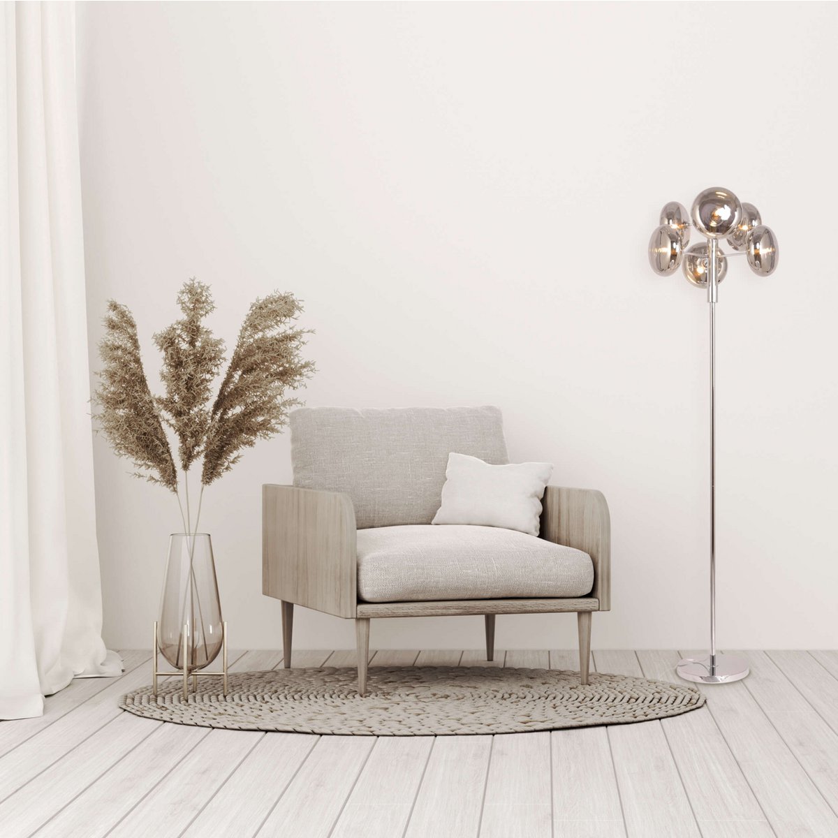 Lampada da terra ORION vetro cromato-fumé, design moderno con 6 attacchi G9, alta 165 cm, incl. interruttore a pedale