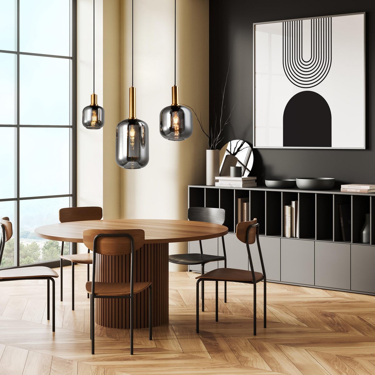 Lampada a sospensione a 3 luci Fumo – Lampada da design retrò nera in metallo e vetro | Attacco E14 | 82 cm di lunghezza | Per sala da pranzo, soggiorno o ufficio