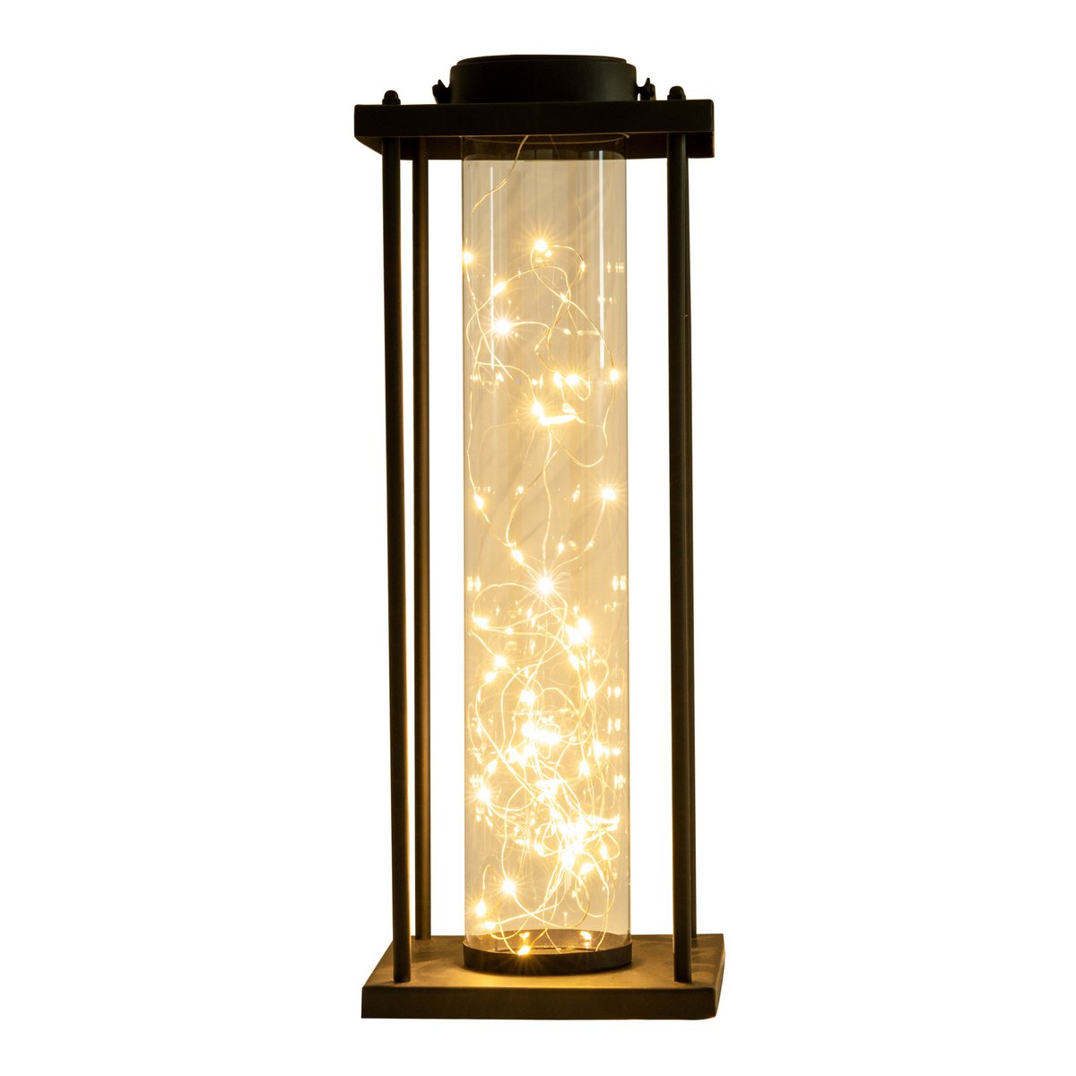 Solar LED buitenlamp Fairylight – zwarte metalen lantaarn op zonne-energie met schemersensor & USB, voor tuin of balkon, 51,5 cm