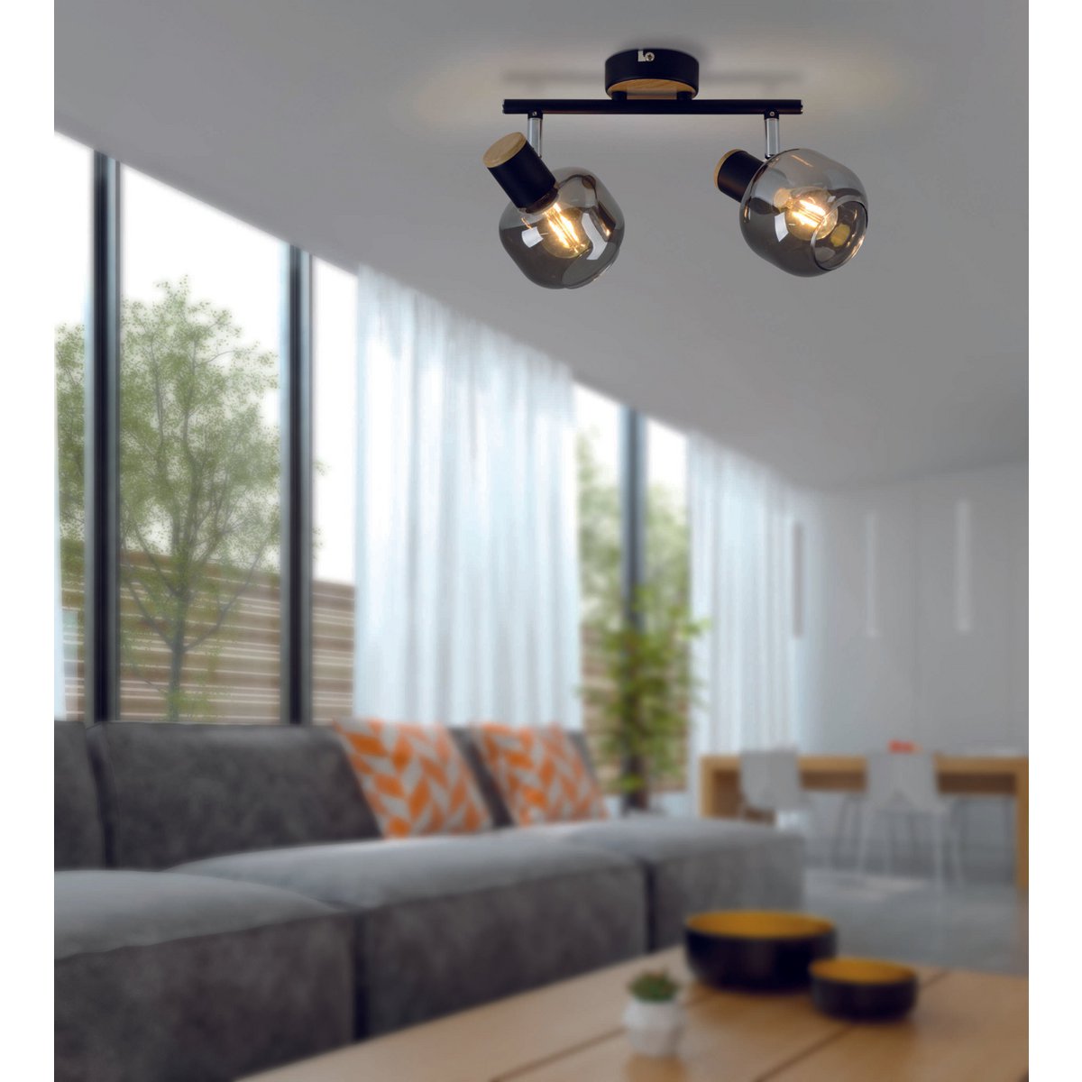 plafoniera nera a 2 luci con vetro fumé – lampada da soffitto Fumoso 40 cm – illuminazione spot moderna per soggiorno, corridoio o sala da pranzo