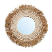 Raffia Kauri spiegel | Ronde bohemien wandspiegel met schelpen | Handgemaakt muurdecoratie Ø75 cm