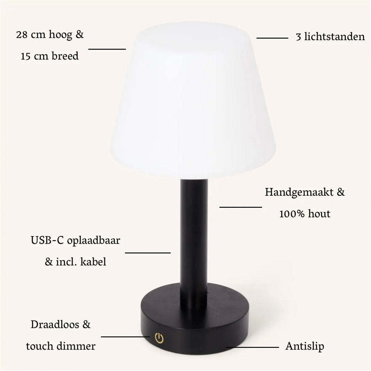 Zoë lampada da tavolo in legno nero ricaricabile – dimmerabile e wireless con 80 ore di autonomia della batteria | Controllo touch e USB-C