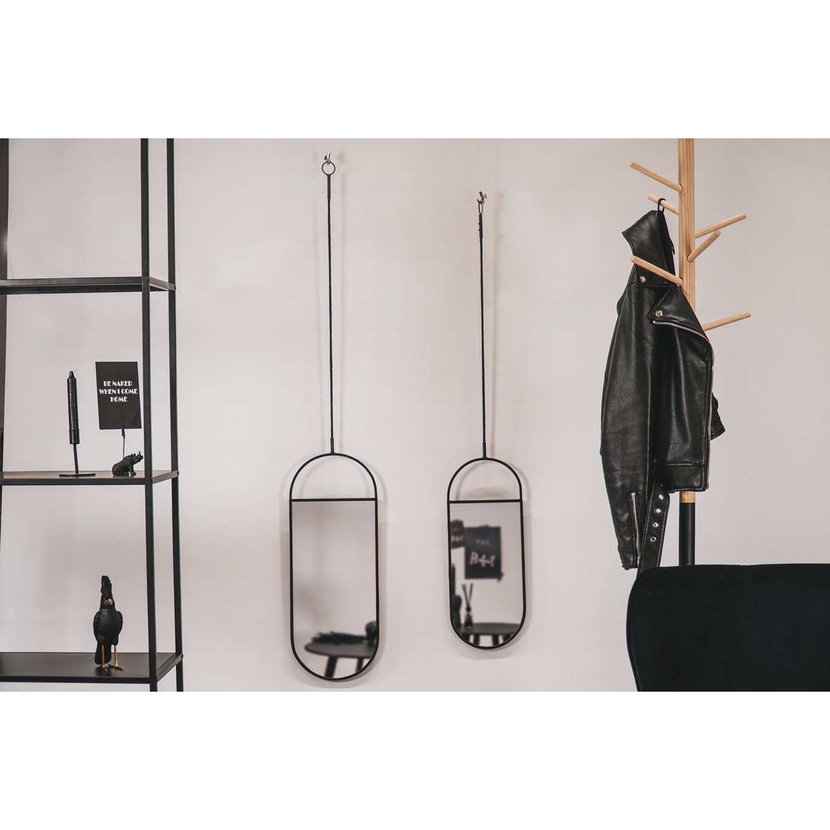 Set van 2 ronde wandspiegels zwart metaal – industriële spiegels met touw – 22x60 & 19x50 cm – modern design voor hal of woonkamer