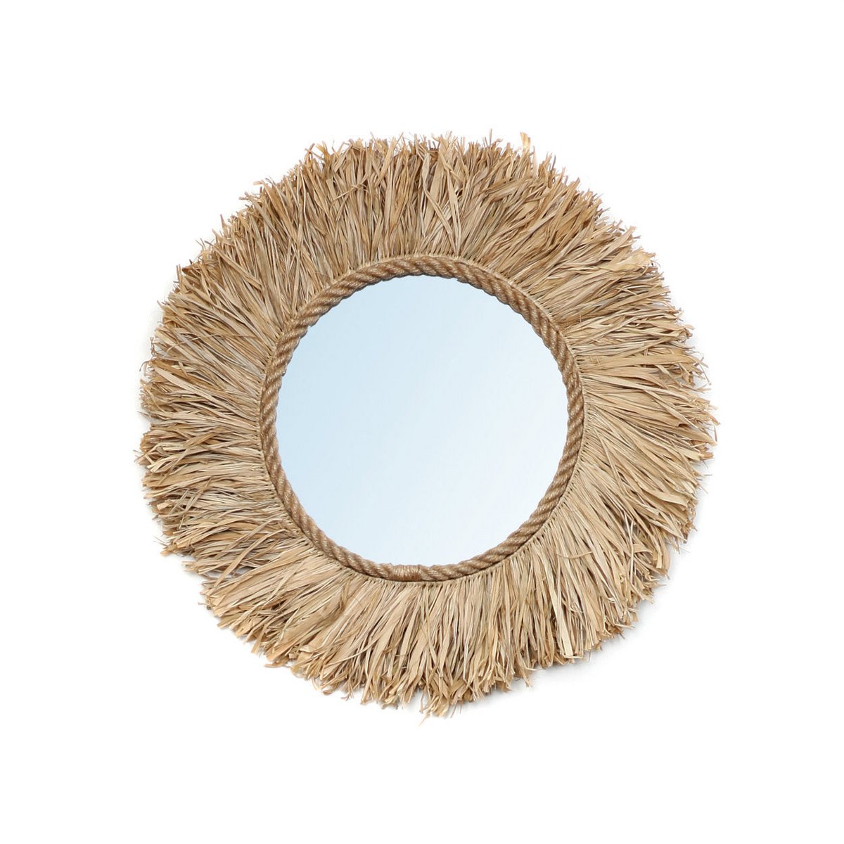 Haïti wandspiegel in natuurlijke raffia | Handgemaakt & duurzaam design | Boho chic muurdecoratie ø ±60 cm
