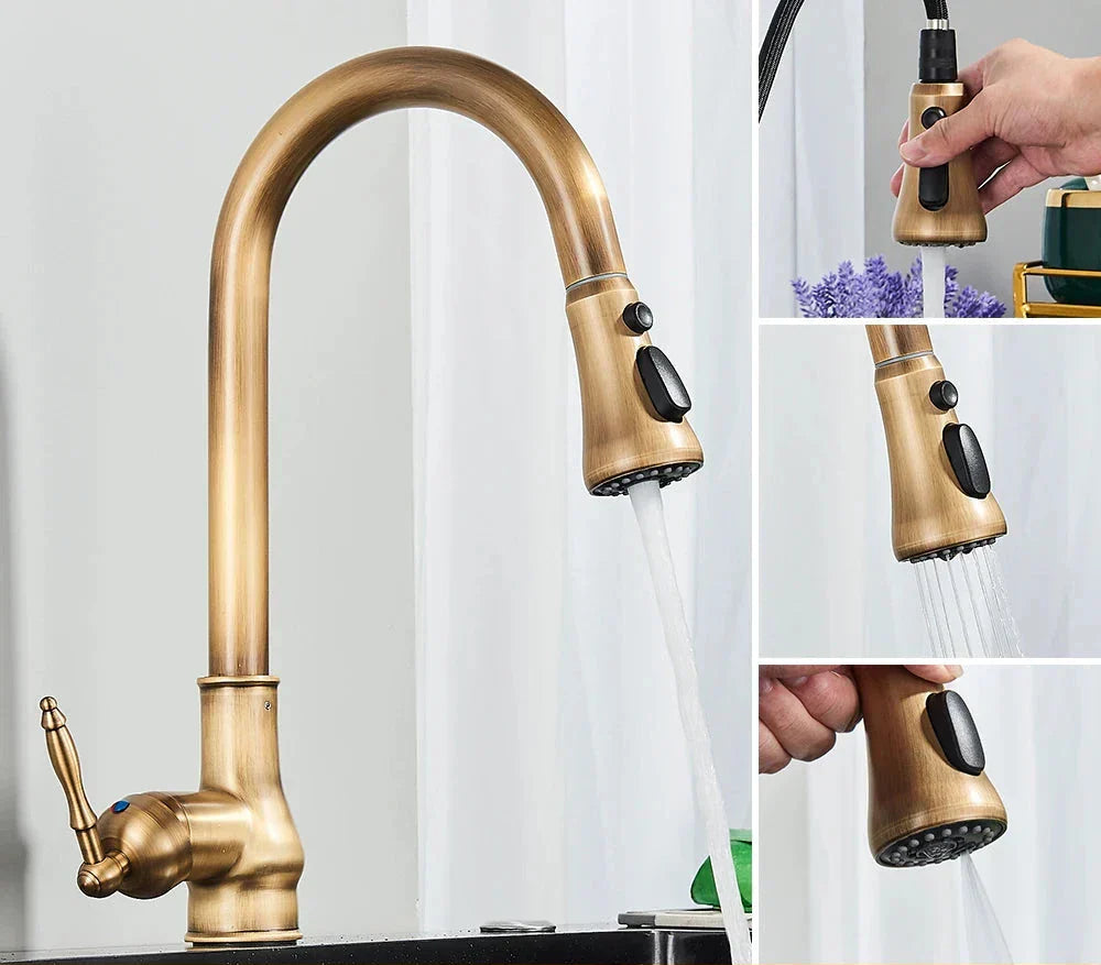 Antieke Messing Keukenmengkraan met Draaibare Tuit – Vintage Stijl en Mengkraan voor Warm en Koud Water