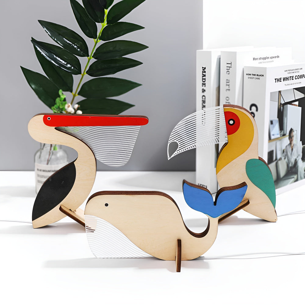 Lampada da tavolo decorativa in legno con motivi di animali e illuminazione LED adatta ai bambini – Ideale per camere dei bambini