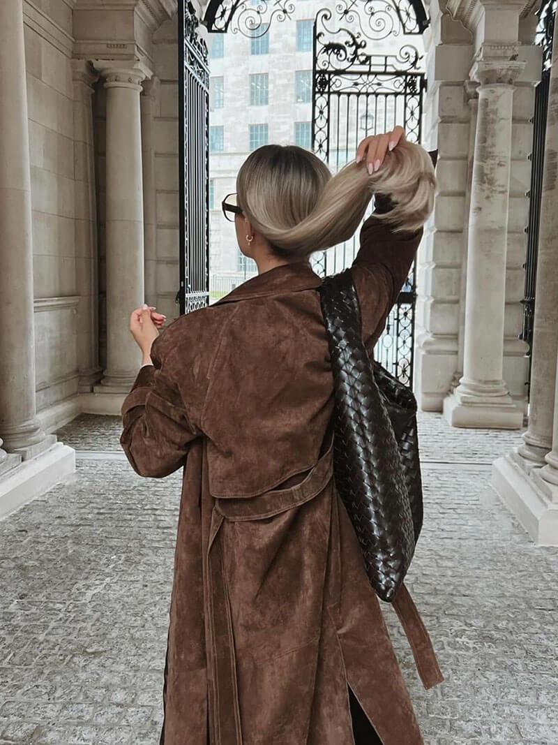Elegante Lange Suede Trenchcoat Dames in Zwart 2