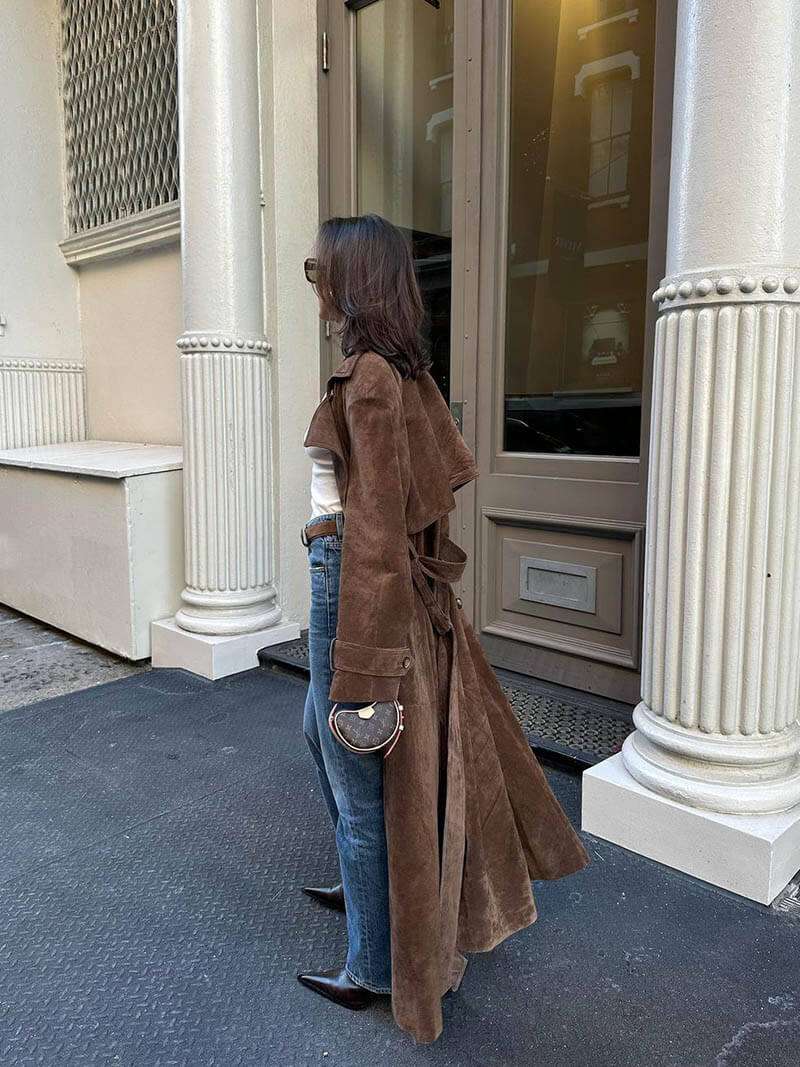 Elegante Lange Suede Trenchcoat Dames in Zwart 5