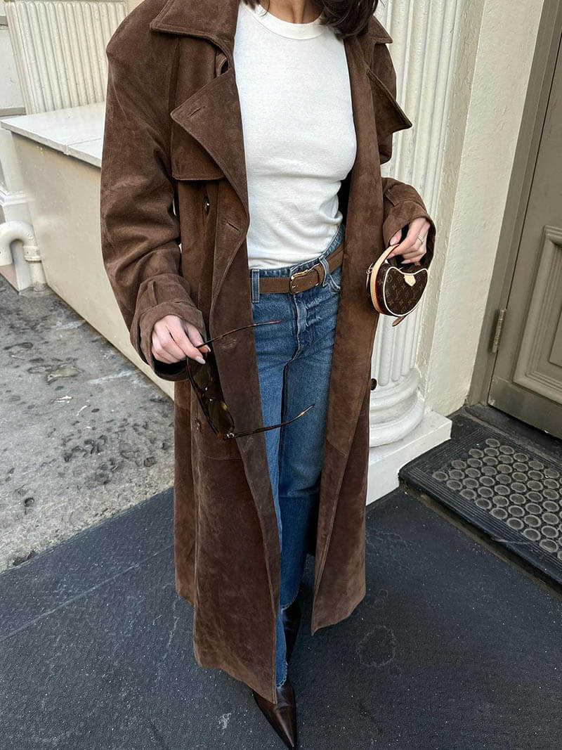 Elegante Lange Suede Trenchcoat Dames in Zwart 6