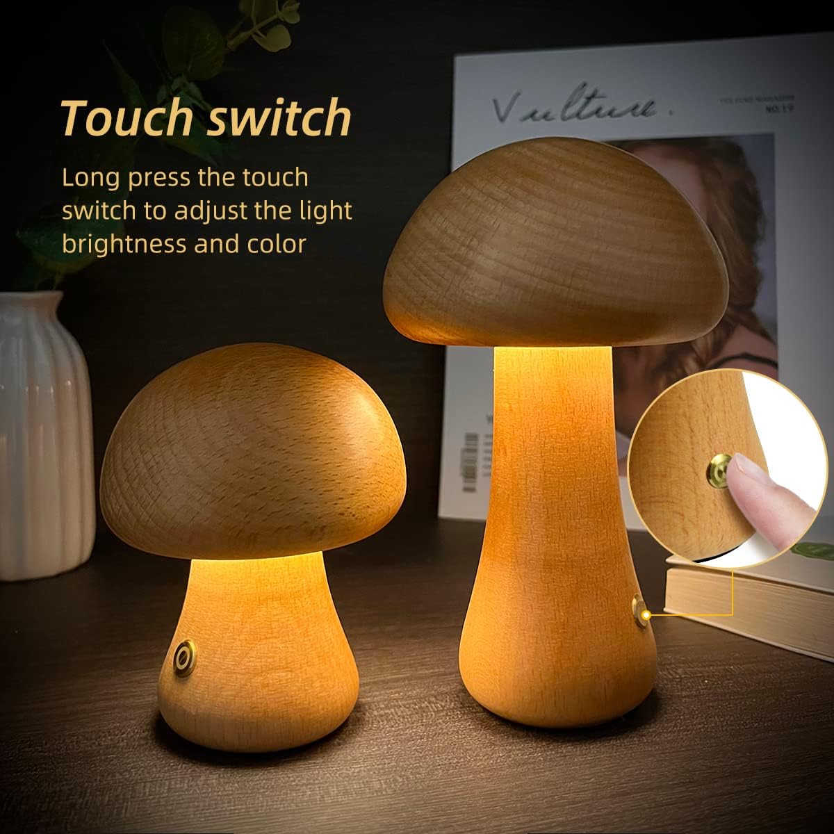 Lampada Notturna a Forma di Fungo in Legno per la Camera da Letto – Illuminazione LED per Bambini con Interruttore Touch