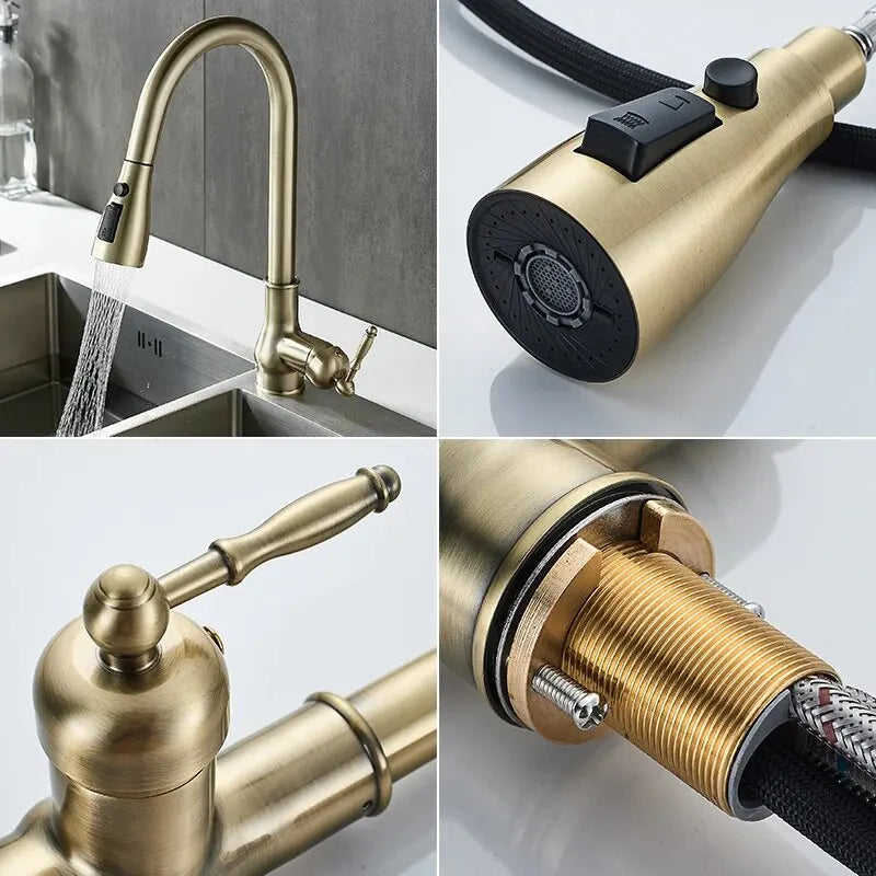 Keukenmengkraan met Uittrekbare Sprayer in Antiek Brons – Warm en Koud Water Mengkraan voor Luxe Keuken