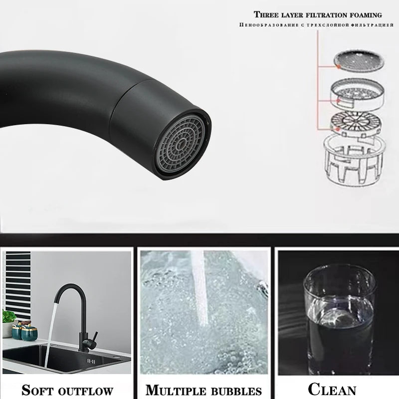 Rubinetto da cucina nero opaco con arco alto e rotazione a 360 gradi – Miscelatore per acqua fredda e calda