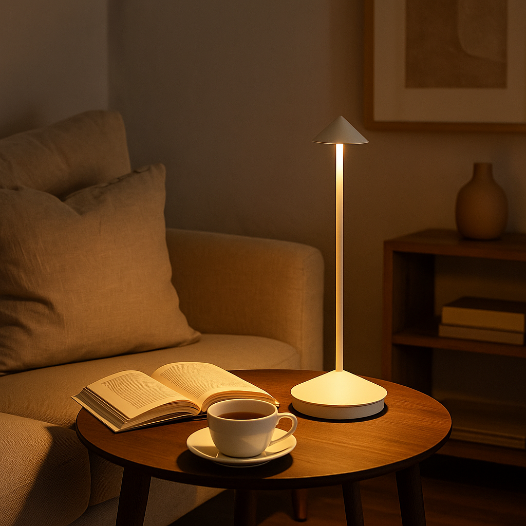 Lampada da tavolo minimalista dimmerabile ricaricabile wireless – impermeabile per interno ed esterno, dimmer touch, alluminio e policarbonato