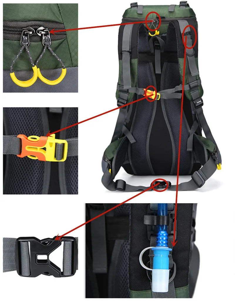 Zaino da 60L impermeabile per esterni – Ampio zaino in nylon con scomparti organizzati