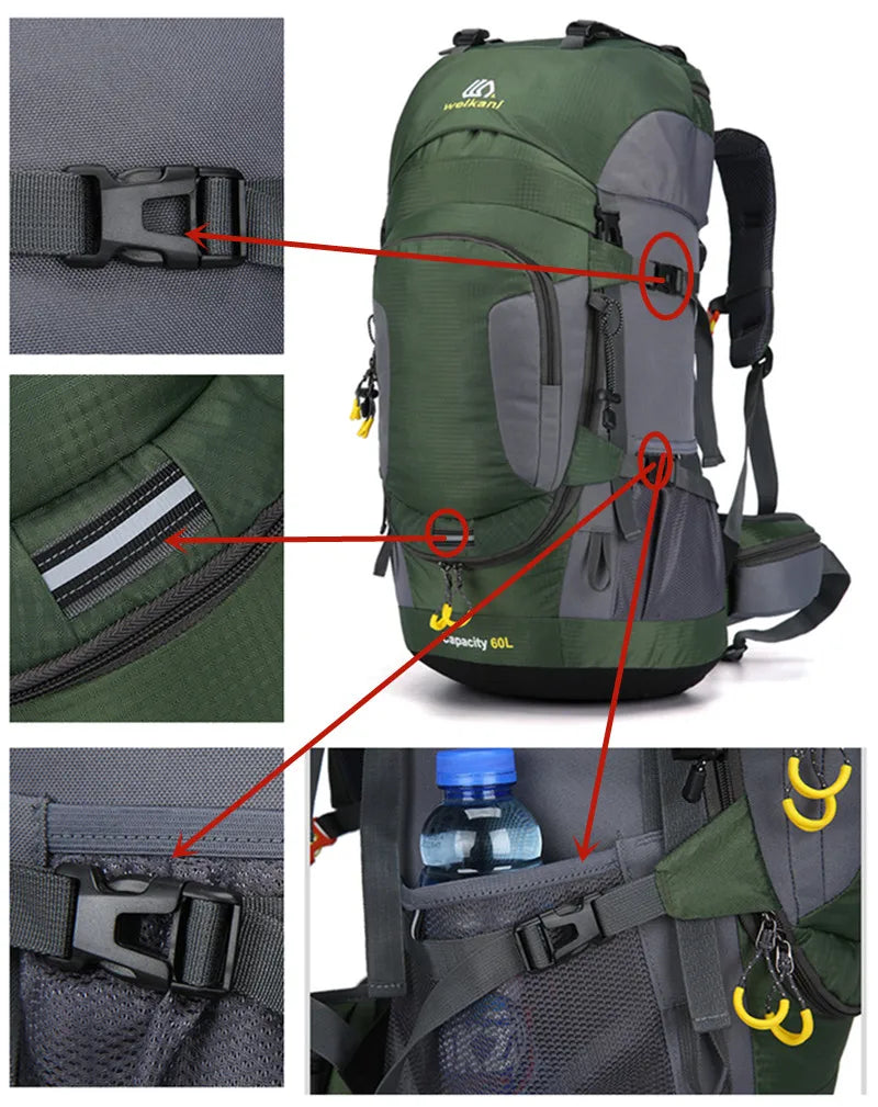 Zaino da 60L impermeabile per esterni – Ampio zaino in nylon con scomparti organizzati