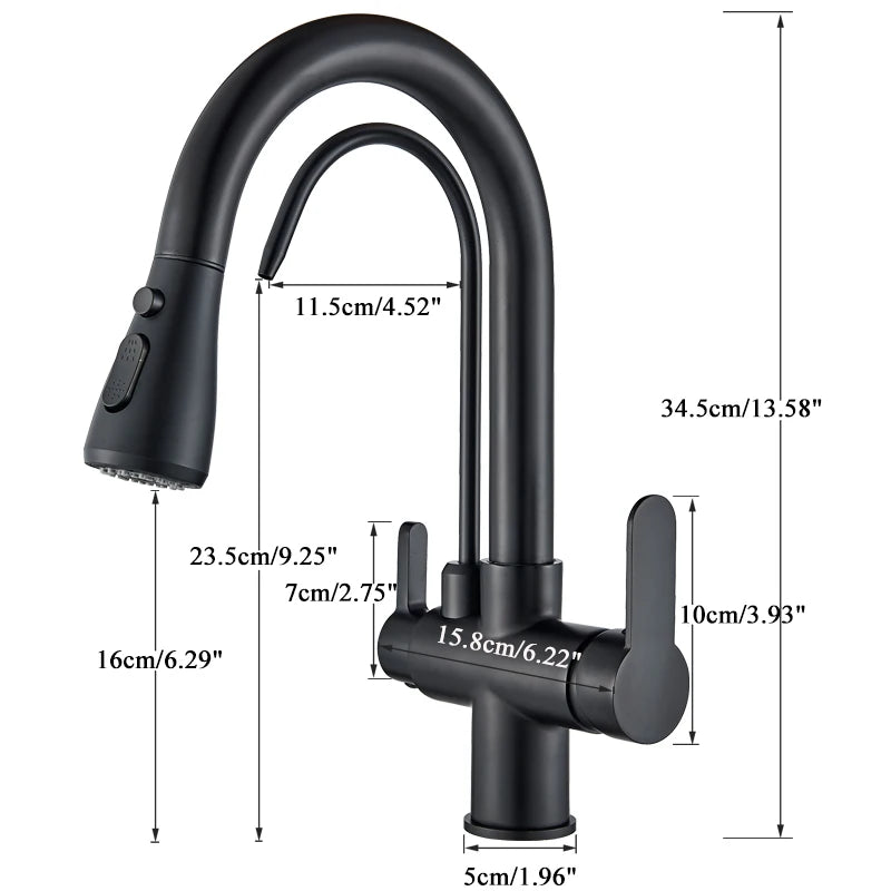 Dubb | Zwarte Keukenkraan met 360° Rotatie en Uittrekbare Sprayer – Drie Waterstanden voor Warm en Koud Water