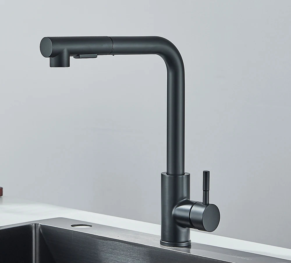 Nova | Zwarte Uittrekbare Keukenmengkraan met Sprayer – RVS en Messing, Eén Handgreep, Hedendaags Design