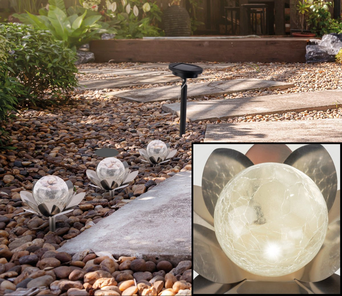 Solar Tuinverlichting Set van 3 "Lule" | RVS en Glas met Knettereffect Ø10 cm | Sfeervolle Buitenlampen met Schemersensor en USB