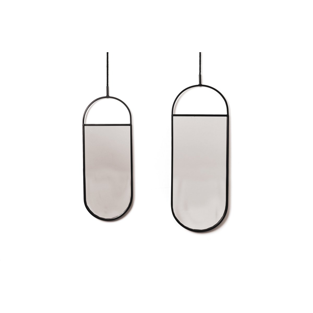 Set van 2 ronde wandspiegels zwart metaal – industriële spiegels met touw – 22x60 & 19x50 cm – modern design voor hal of woonkamer