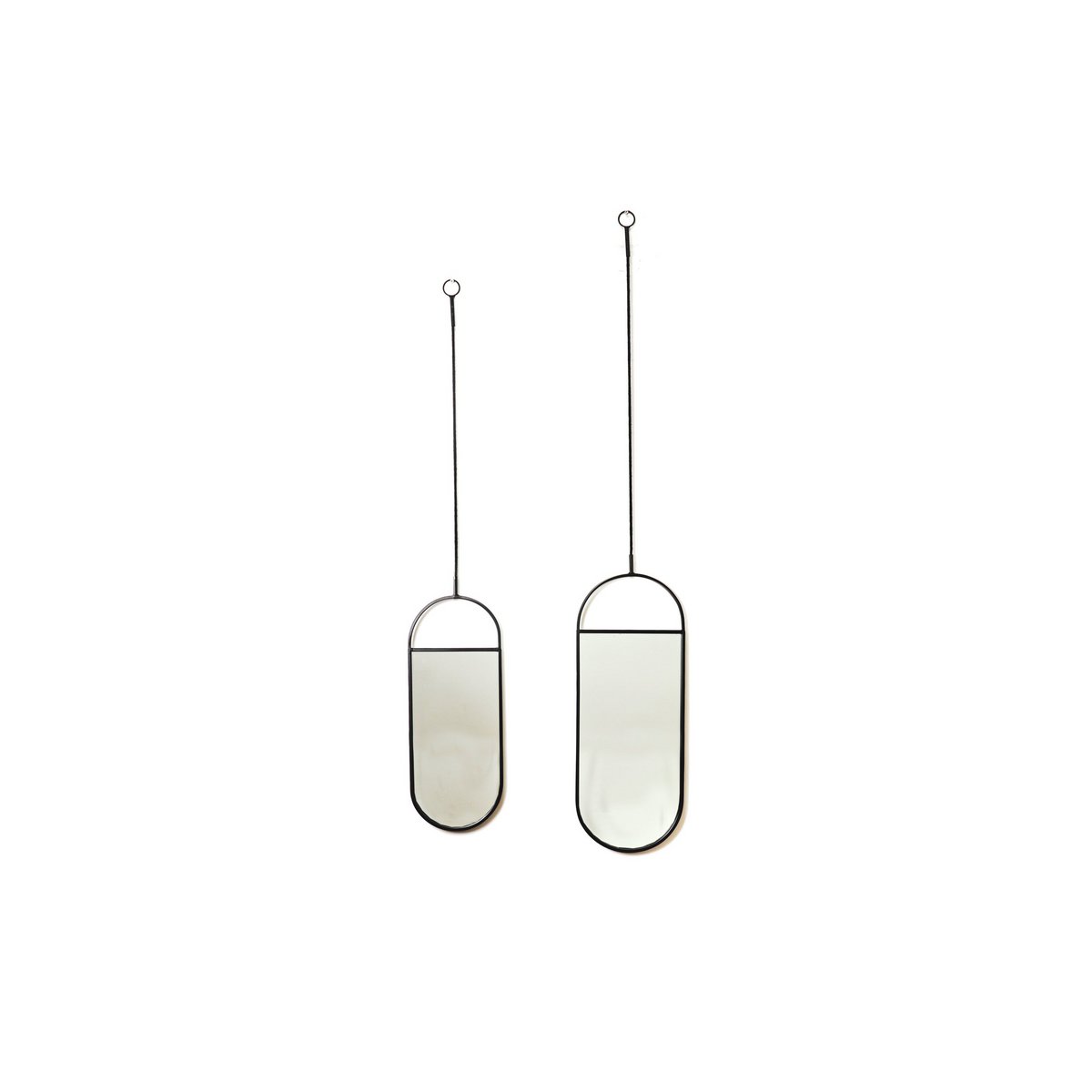 Set van 2 ronde wandspiegels zwart metaal – industriële spiegels met touw – 22x60 & 19x50 cm – modern design voor hal of woonkamer