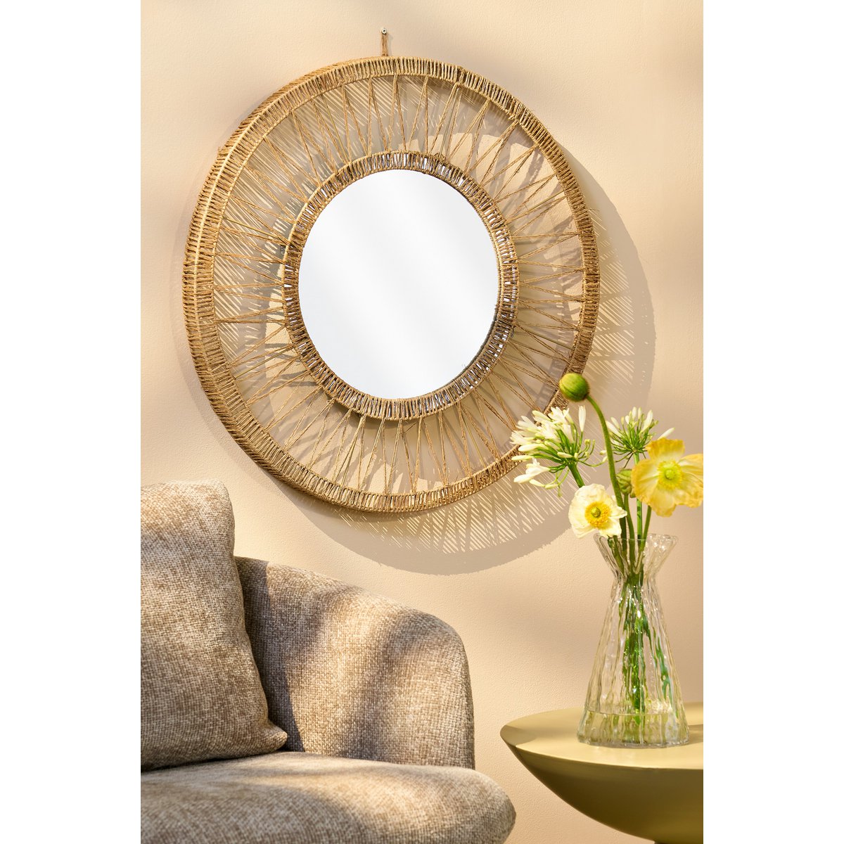 Ludy Wandspiegel Rond Ø70 cm Lichtbruin Jute | Bohemian Spiegel voor Woonkamer, Hal of Slaapkamer