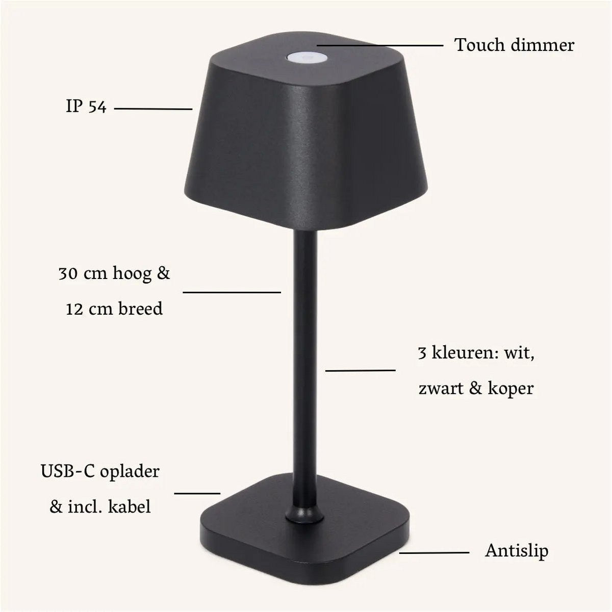 Ava lampada da tavolo ricaricabile nera – wireless, dimmerabile e design elegante | 3 livelli di luce e 120 ore di autonomia della batteria