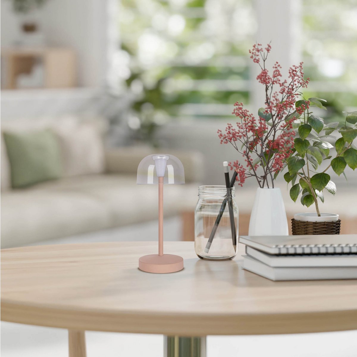 Gomba LED tafellamp op batterij – dimbare binnenlamp IP54 in matte amandel, 18,5 cm – Näve designlamp