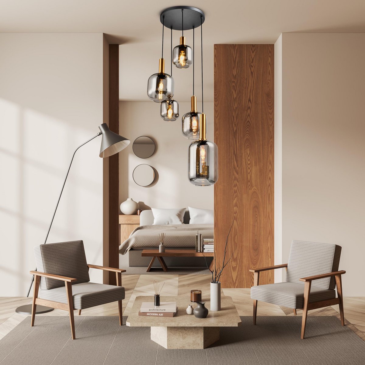5 lampade a sospensione "fumo", lampada a sospensione realizzata in metallo e vetro nero, con attacco E14, per sala da pranzo, soggiorno, corridoio o ufficio, lampada sospesa Ø ca.