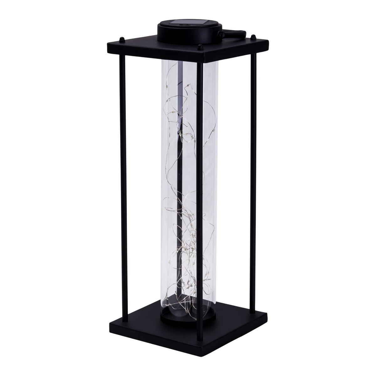 Solar LED buitenlamp Fairylight – zwarte metalen lantaarn op zonne-energie met schemersensor & USB, voor tuin of balkon, 51,5 cm