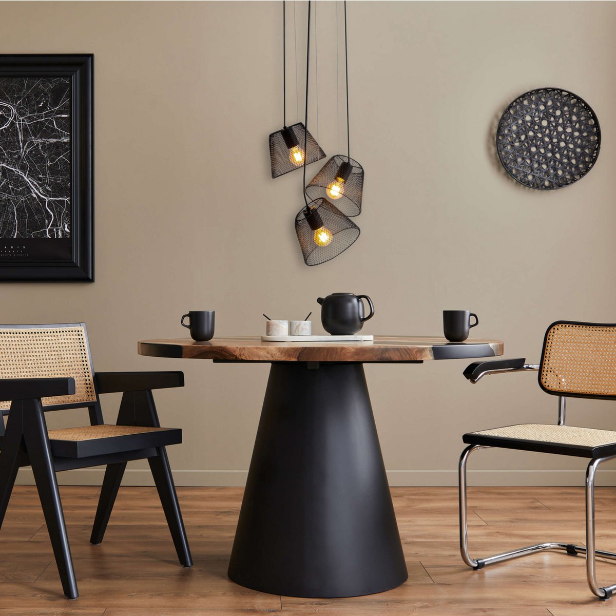 lampadario 3-zits Korie nero Ø30 cm | lunghezza di sospensione regolabile | illuminazione in stile retrò per soggiorno e ufficio