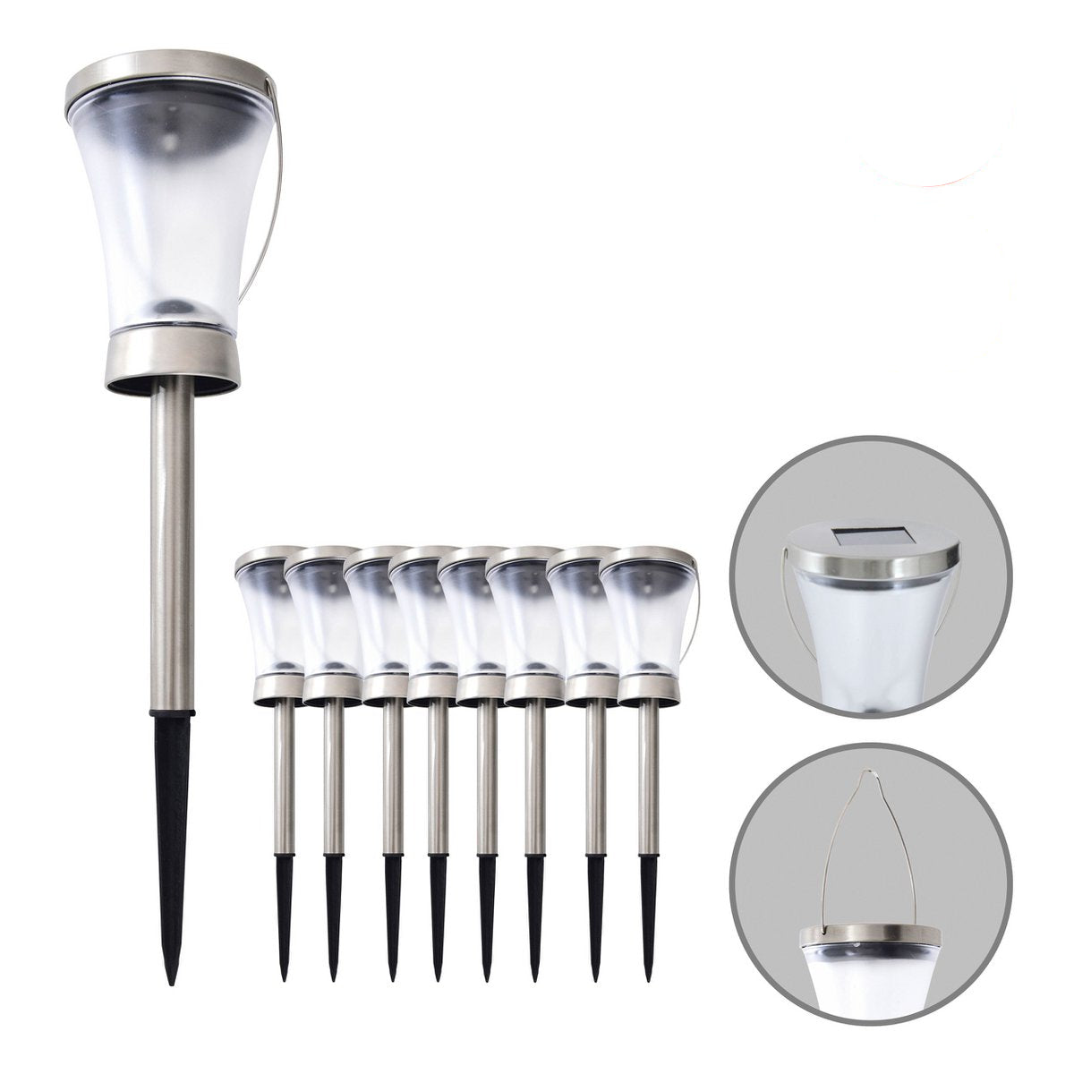 Set van 8 solar LED tuinlampen – geometrisch design, staal look, met schemersensor & USB-oplaadoptie voor buitengebruik